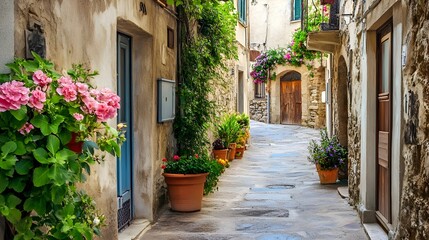 Fototapeta premium A winding lane meanders through an old Italian seaside village adorned with lush flowering potted plants in the doorways