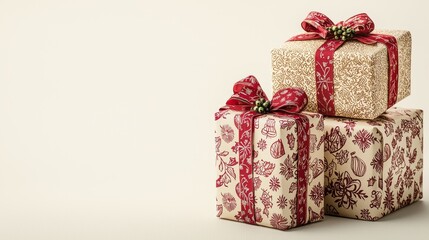 Fototapeta premium Small and large Christmas gift boxes with intricate patterns, laid out on a smooth white butter texture, isolated, perfect for festive advertising
