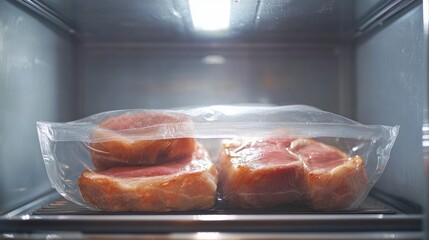 A bag of frozen pork chops thawing in a refrigerator 