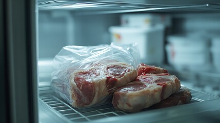 A bag of frozen pork chops thawing in a refrigerator 