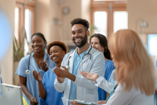 A cheerful group of doctors and nurses applaud and smile in a hospital, celebrating a success. Their expressions show positivity,unity and dedication, a spirit of solidarity in matters of medical care