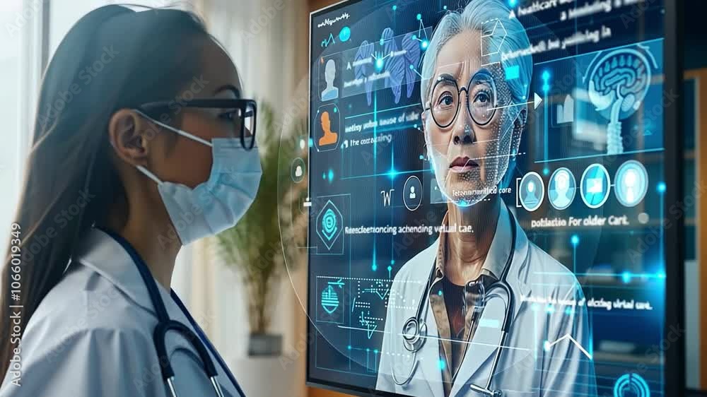 Poster a healthcare professional in a mask engages with a digital display, reviewing virtual patient inform