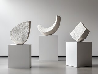 Three abstract sculptures displayed on pedestals, showcasing modern art elegance and unique geometric forms.