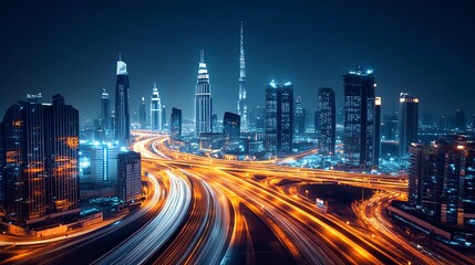 Fototapeta premium A stunning night view of a vibrant city skyline with illuminated skyscrapers and flowing traffic, showcasing urban beauty and energy.