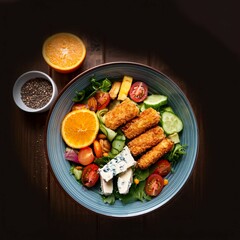 fresh summer salad with deep fried cheese sticks blue cheese tomatoes cucumbers granola greens and orange in bowl on wooden background healthy food clean eating buddha bowl salad top view