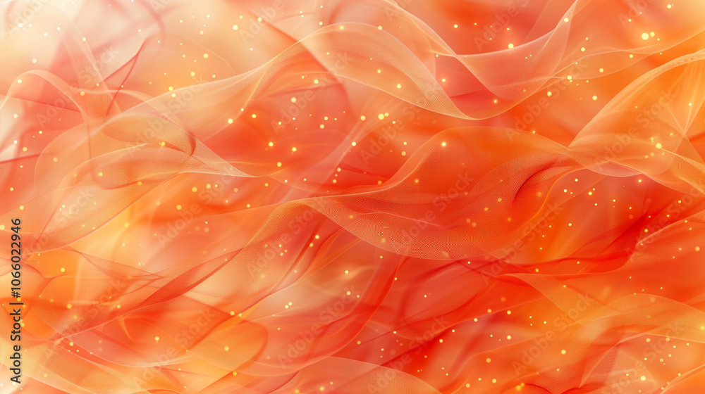 Poster colorful layers of orange and red fabric ripple gracefully, illuminated by soft light and sparkling 