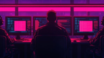 Vintage Neon AI Lab with Glowing Computers