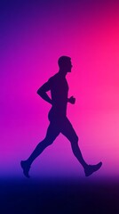 Silhouette of a determined male athlete in running shoes is jogging against a vibrant violet and pink gradient background, embodying fitness, sport, and active lifestyle
