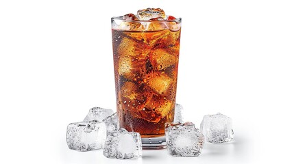 A glass of cola with ice cubes on a white background. (1)