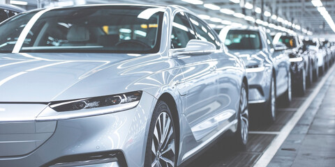 Fototapeta premium Electric Cars in Modern Automotive Production Line. A row of sleek, new electric cars on an assembly line in a state-of-the-art automotive factory.
