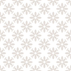 Vector floral seamless pattern with ethnic folk motifs. Simple beige and white abstract geometric ornament texture with delicate stylized flowers, repeat tiles. Subtle background. Repeated geo design