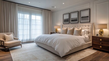 Luxurious Modern Bedroom Interior with Large Window and White Bedding