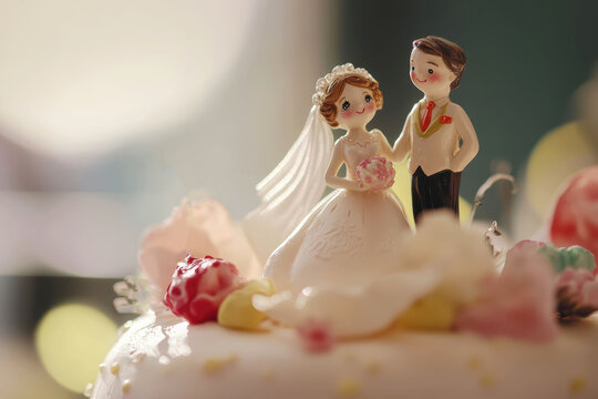 Elegant wedding cake topper with bride and groom figurines for celebratory event decorations - Powered by Adobe