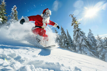 Santa Claus performing an energetic ski jump on a snowy slope, set against a blue sky with pine trees in the background