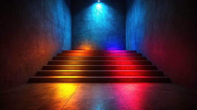 Concrete stairs illuminated by colorful spotlights in a dark room. - Powered by Adobe