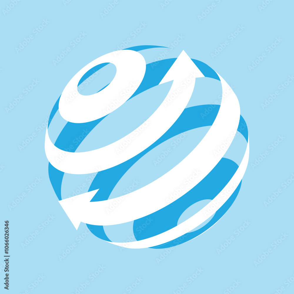 Poster a flat logo of a globe with one arrow heading upwards right and one arrow heading downwards left in 