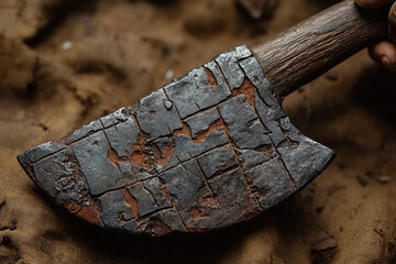a Viking axe blade, showing battle marks and wear.
