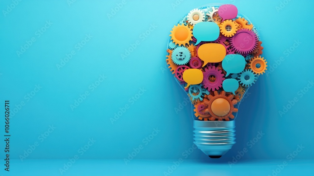 Poster lightbulb filled with intricate gears and colorful speech bubbles, set against a blue background, sy