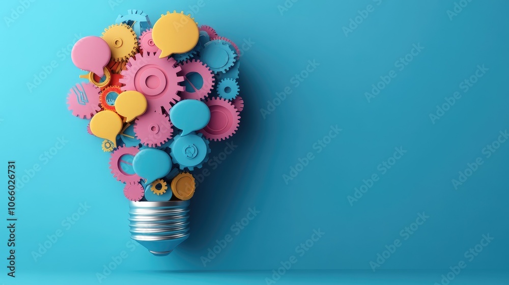 Poster lightbulb filled with intricate gears and colorful speech bubbles, set against a blue background, symbolizing ideas and communication.