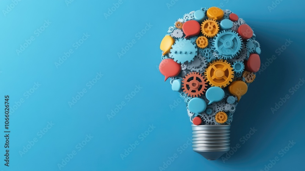 Poster lightbulb filled with intricate gears and colorful speech bubbles, set against a blue background, sy