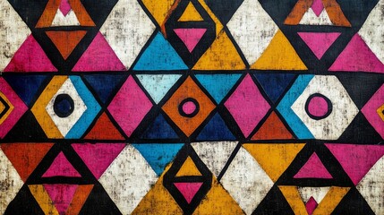 Fototapeta premium Abstract Geometric Pattern with Triangles and Circles on a Black Background