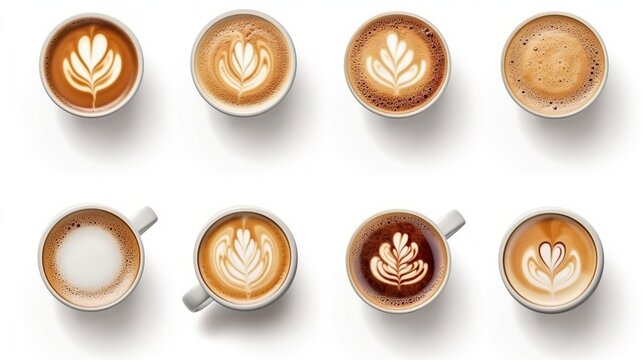 Top view of eight cups of coffee with various latte art designs, isolated on a white background.