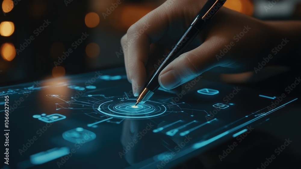Poster A close-up of a hand using a pen to navigate cybersecurity icons on a sleek interface, showcasing the intersection of creativity and technology.