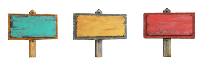 Various collection of empty blank colourful signboard poster on a sturdy wooden pole isolated on transparent background