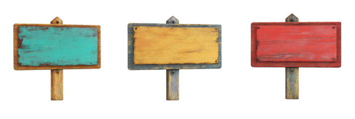 Various collection of empty blank colourful signboard poster on a sturdy wooden pole isolated on transparent background