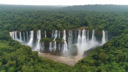 Fototapeta premium Stunning Aerial View of Majestic Kalandula Falls in Lush Angolan Rainforest - Cascading Waterfalls Amidst Verdant Jungle Landscape - Nature's Breathtaking Spectacle