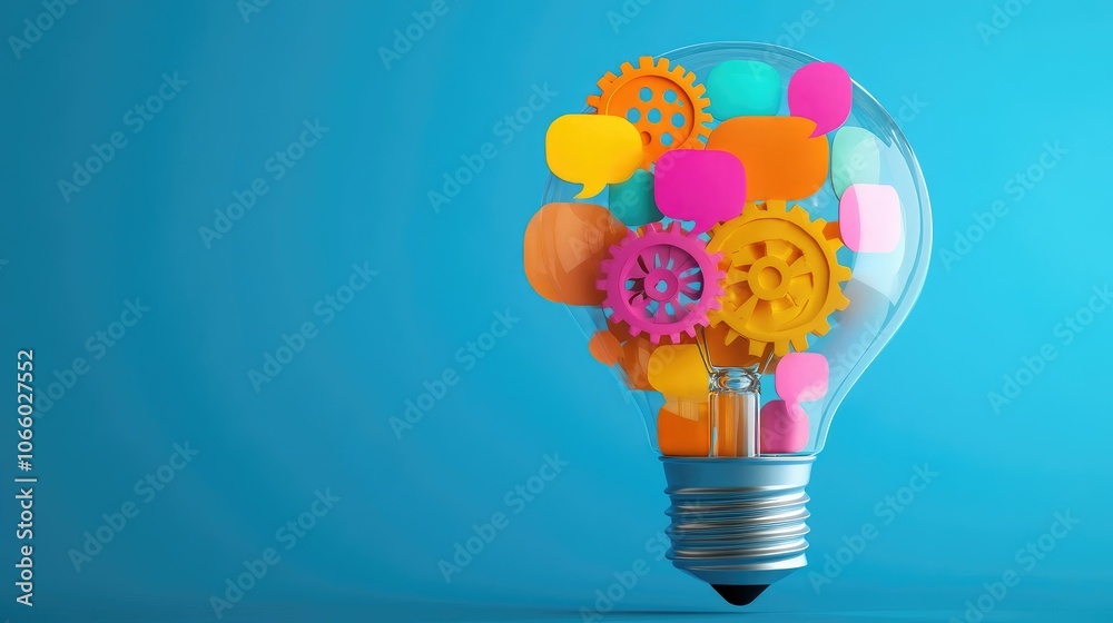 Poster a creative lightbulb design featuring gears and vibrant speech bubbles within, representing innovati
