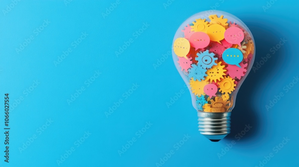 Aufkleber a creative lightbulb design featuring gears and vibrant speech bubbles within, representing innovati