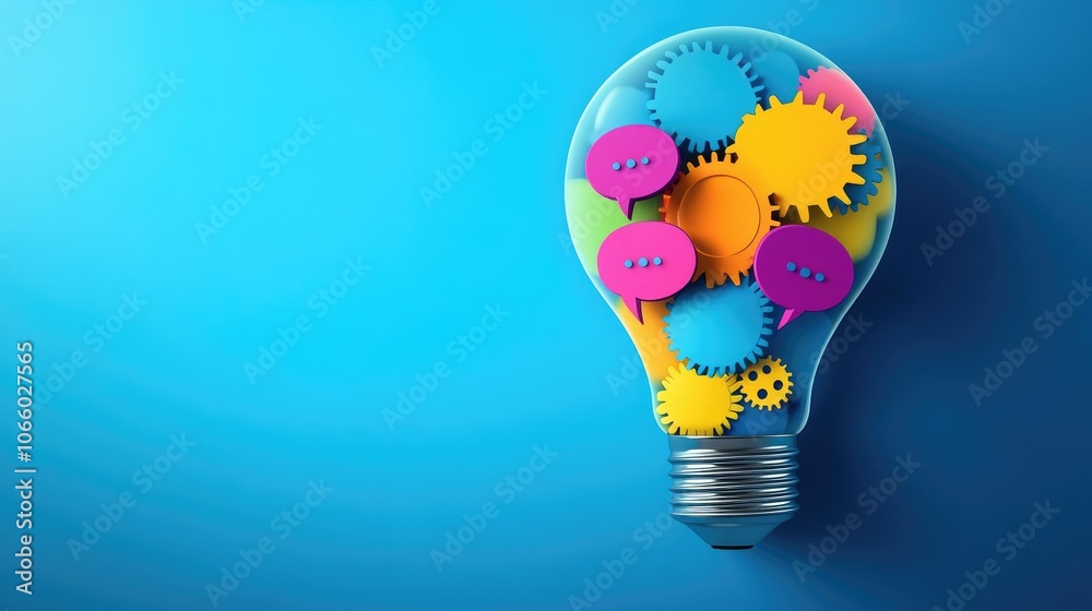 Aufkleber a creative lightbulb design featuring gears and vibrant speech bubbles within, representing innovati