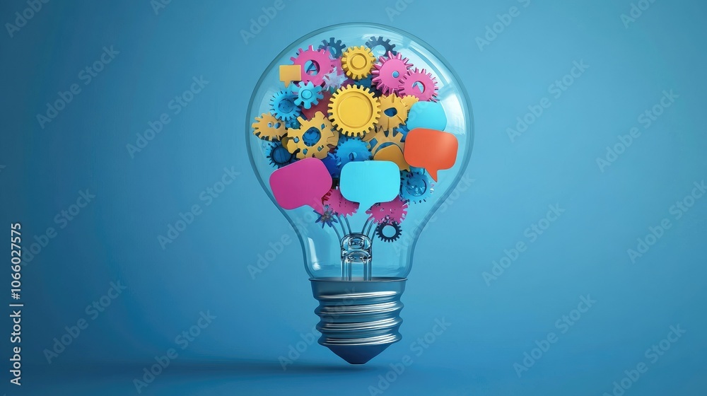 Aufkleber a creative lightbulb design featuring gears and vibrant speech bubbles within, representing innovati