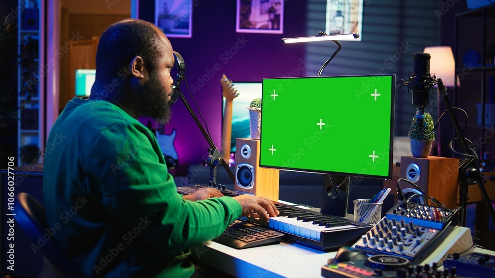 Poster musician operates on midi controller piano keys next to mockup screen, producing new songs with musi