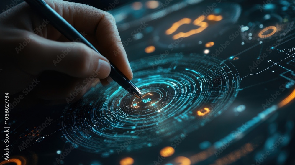 Poster a detailed shot of a hand with a pen engaged with cybersecurity icons on a modern interface, illustr