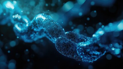Obraz premium A detailed close-up of a blue chain composed of luminous particles, illustrating the connections and security within blockchain systems.