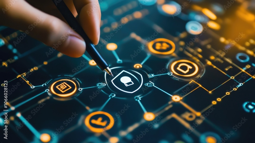 Poster A hand with a pen interacts dynamically with cybersecurity icons displayed on a high-tech interface, illustrating the concept of digital protection.