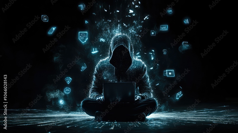 Poster a hooded figure sits in a dark space, focused on their laptop as holographic symbols of cybersecurit