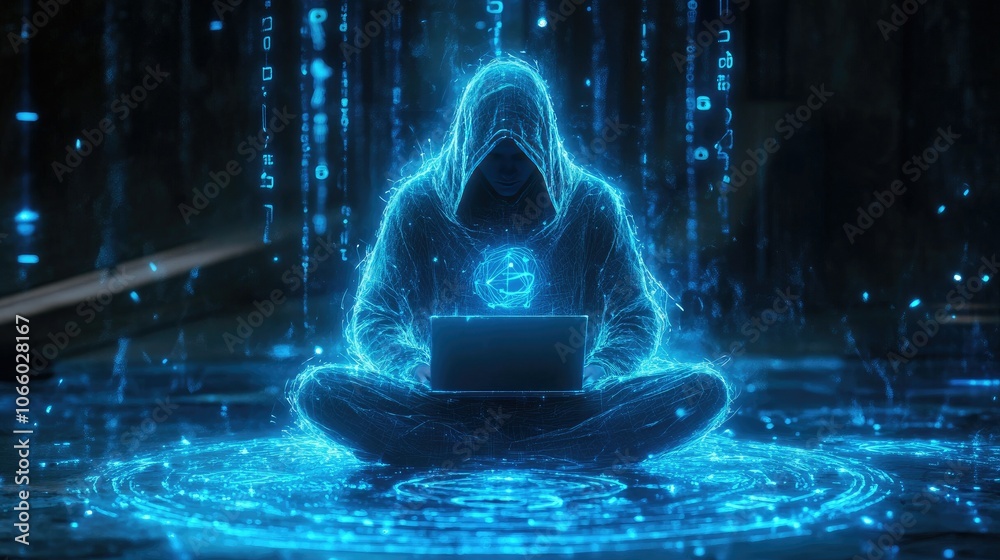 Poster a hooded figure sits with a laptop, surrounded by glowing holographic cyber symbols, embodying the e