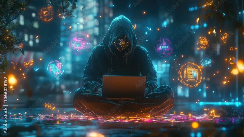 Poster a hooded figure sits with a laptop, surrounded by glowing holographic cyber symbols, embodying the e