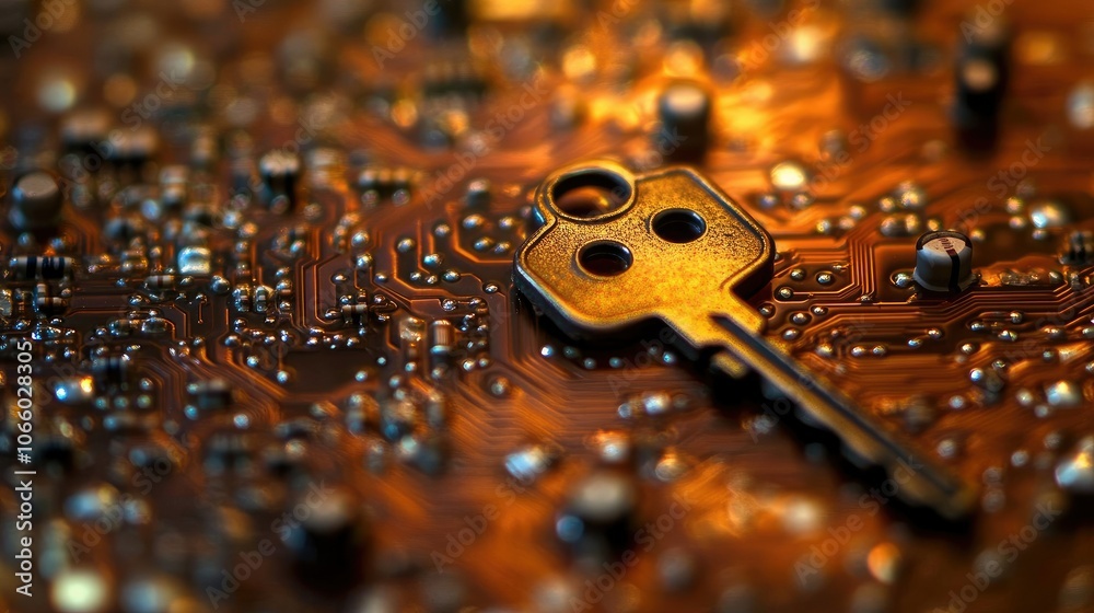 Poster a key lying on a circuit board, representing the vital role of cybersecurity in safeguarding informa