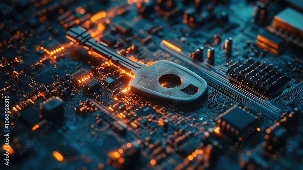 Aufkleber A key lying on a circuit board, representing the vital role of cybersecurity in safeguarding information and technology systems.