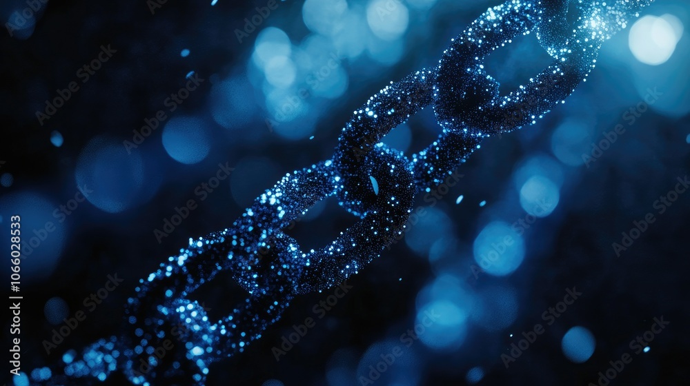Aufkleber A mesmerizing close-up of a blue chain made up of luminous particles, showcasing the intricate design and concept behind blockchain networks.
