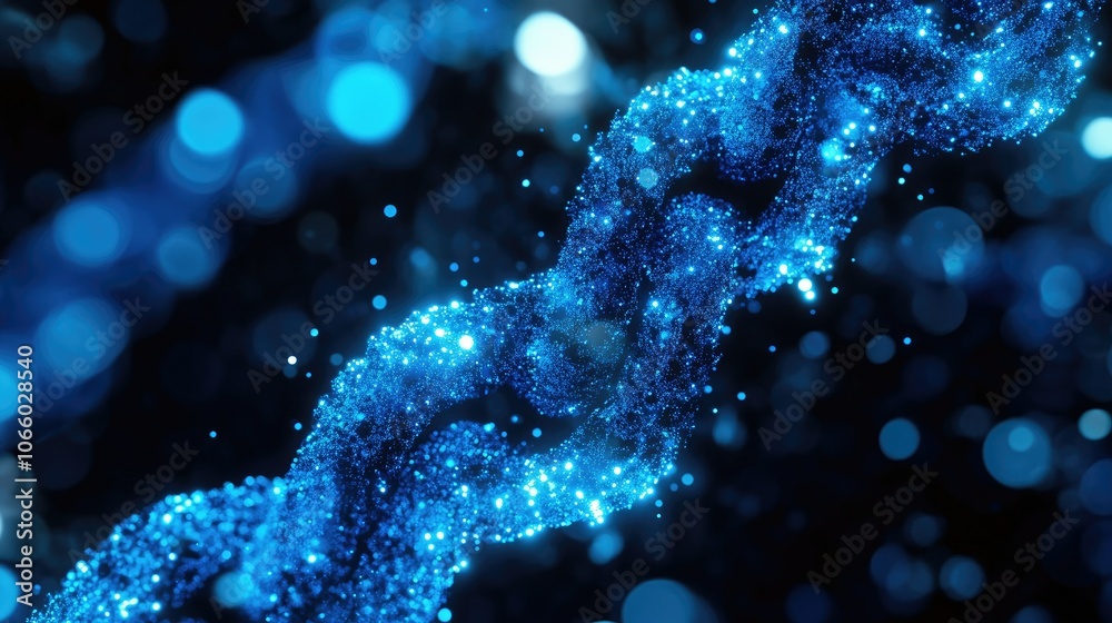 Aufkleber A mesmerizing close-up of a blue chain made up of luminous particles, showcasing the intricate design and concept behind blockchain networks.