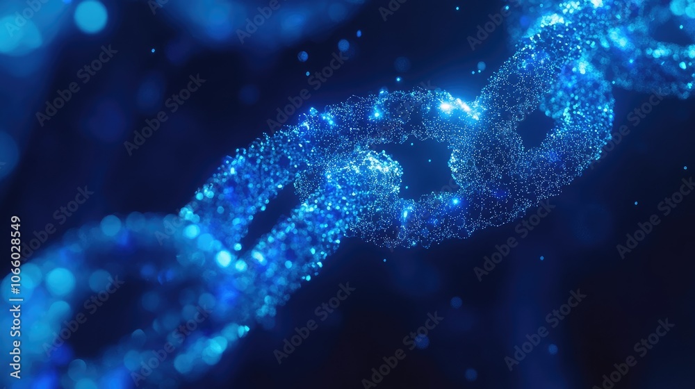Aufkleber A mesmerizing close-up of a blue chain made up of luminous particles, showcasing the intricate design and concept behind blockchain networks.