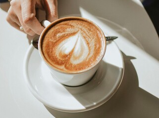 woman touches her hand to a cup of aromatic black coffee with milk and art drawing in a cafe 