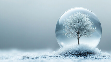 shimmering Christmas tree inside a snow globe, surrounded by softly falling snowflakes. The minimalistic design evokes warmth, joy, and the magic of the holiday season