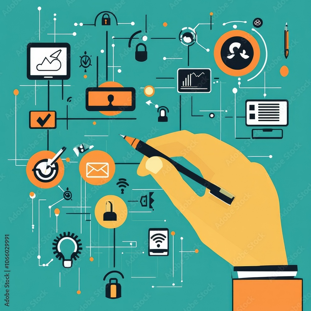 Poster hand with pen interacting with cybersecurity icons