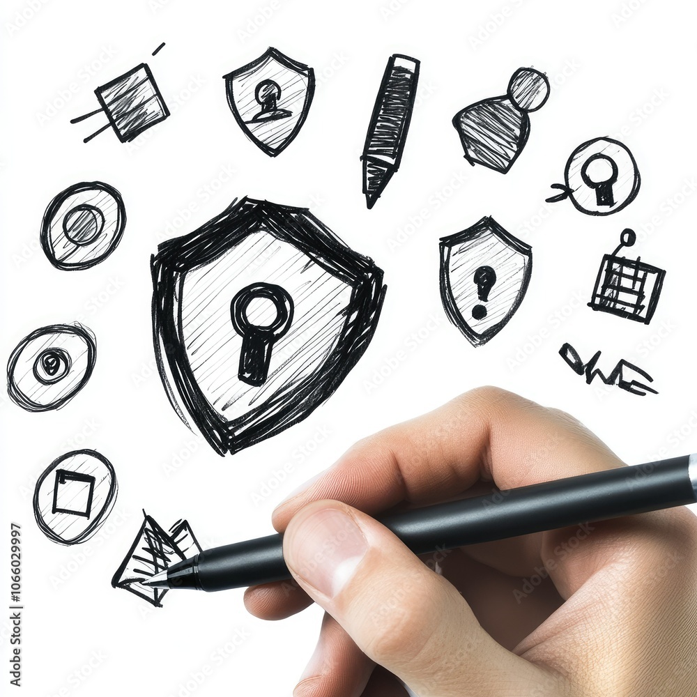 Poster hand with pen interacting with cybersecurity icons